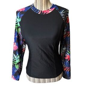 NEW BesserBay Rashguard Large Black Long Sleeve Tropical Floral Raglan Swim Tee